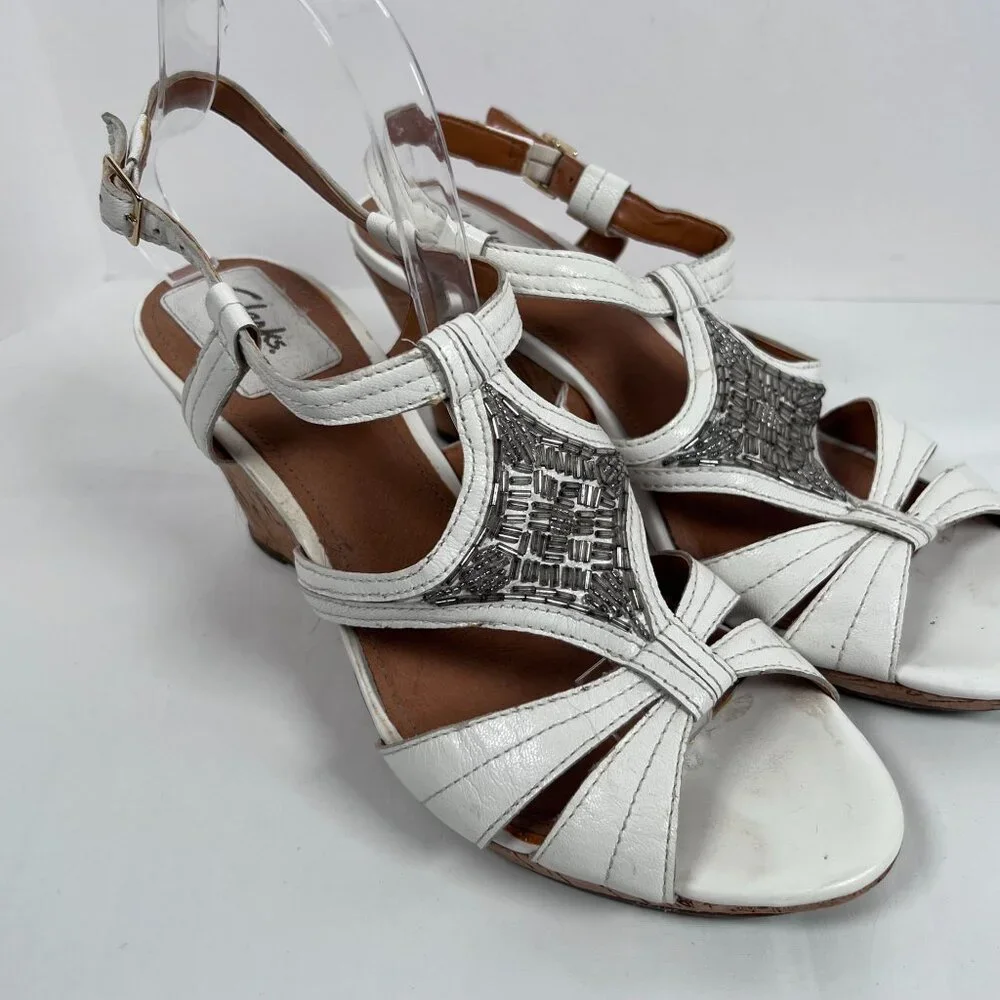 Clarks Bendables White Leather Sandals Wedge Cork‎ Heel Open Toe Womens 9